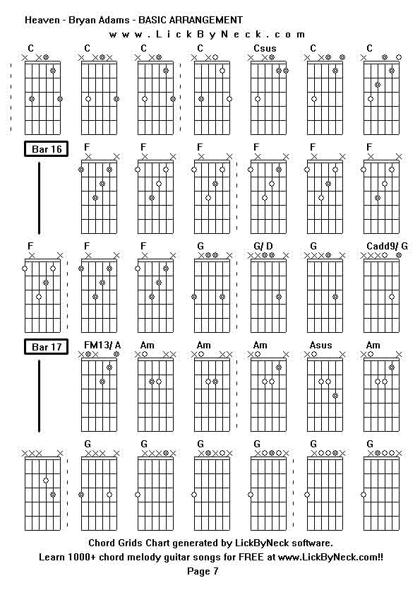 Chord Grids Chart of chord melody fingerstyle guitar song-Heaven - Bryan Adams - BASIC ARRANGEMENT,generated by LickByNeck software.